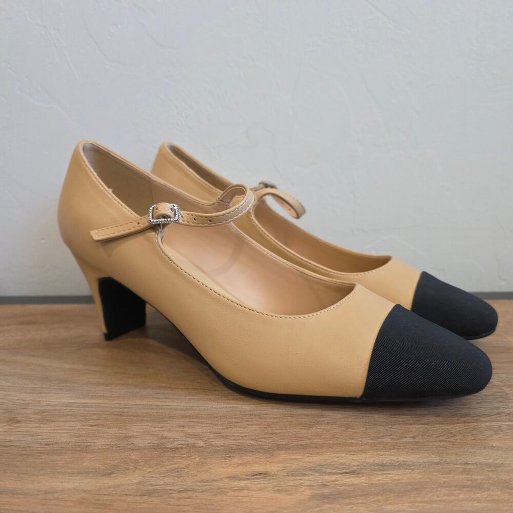 C.Paravano Mary Jane Heels Womens EU 37.5 US 7 Beige Black Cap Toe Pumps NWOB